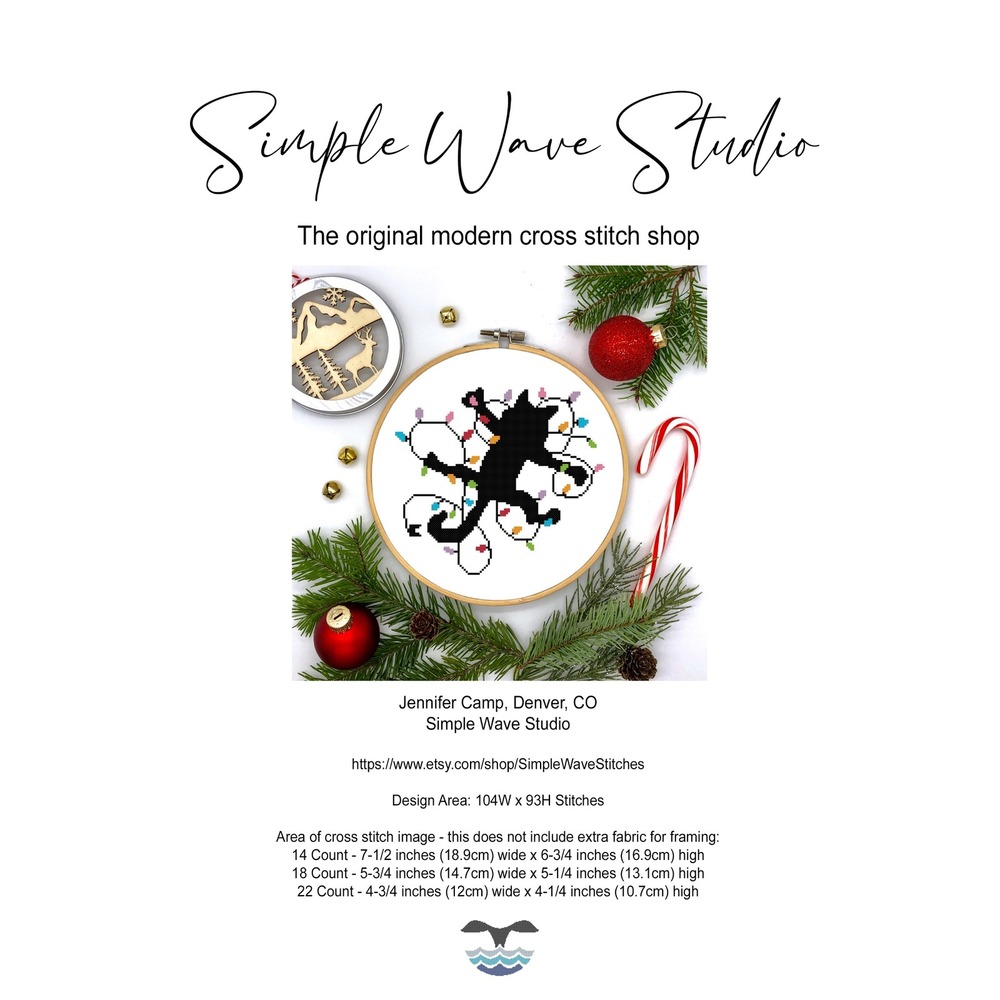 Christmas Holiday Black Cat Tangled in Lights Humor Counted Cross Stitch Pattern